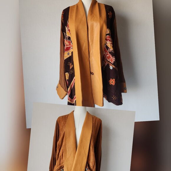 Vintage Nadya Bali Handmade Leather Batik Tribal Reversible Jacket Brown - Picture 1 of 16